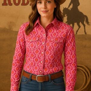 Cowboy Militia- Pink and Orange Patterned Shirt with embroidery cowgirl western